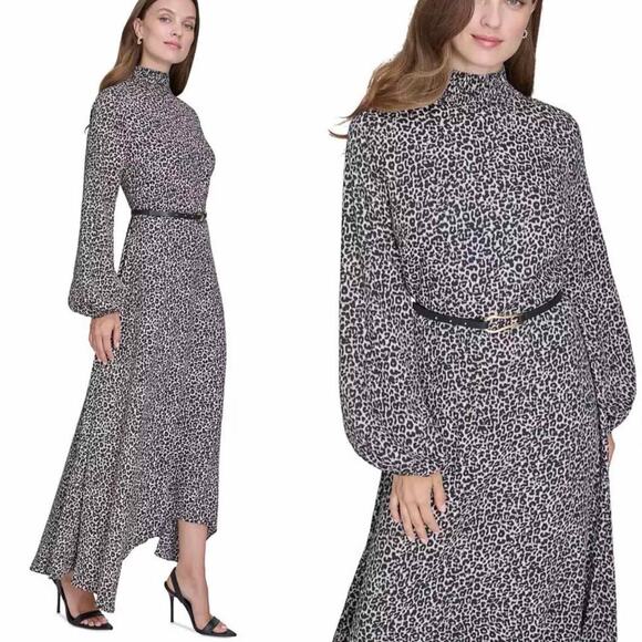 HALSTON Smock-Neck Long-Sleeve Belted Chiffon Dress Leopard Print Size 4 - Picture 7 of 8